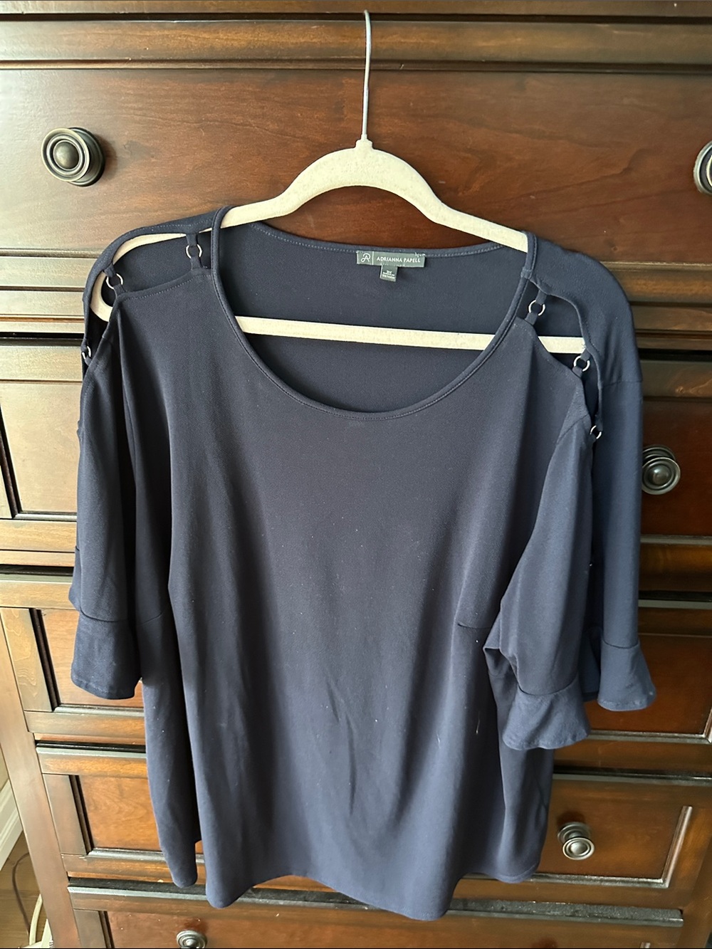 Adrianna Papell Navy Cold-Shoulder Top with Ring Accent